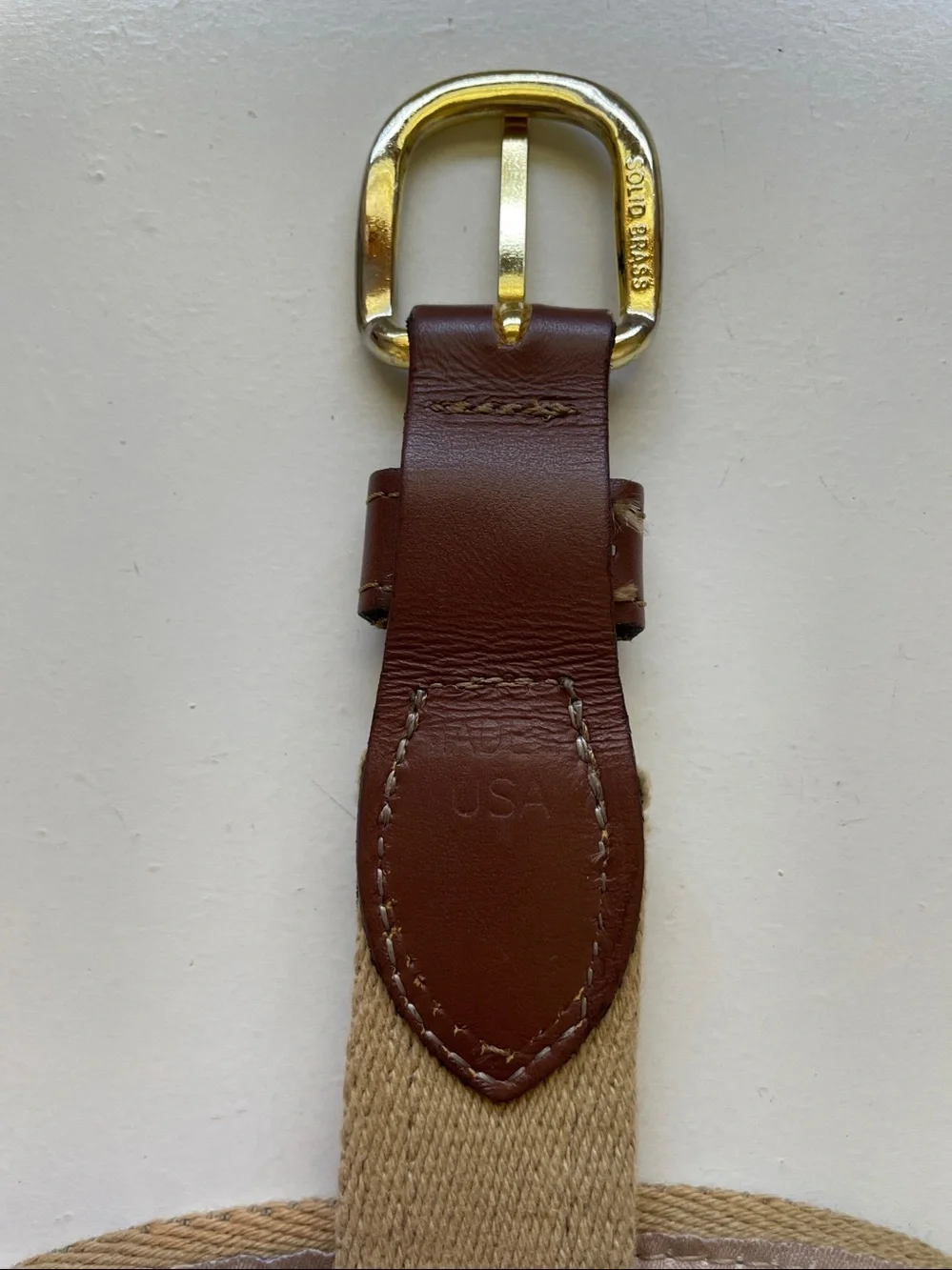 Nautical Flag Ribbon Canvas Leather Trim Belt Brass Buckle Size 38 USA Heritage
